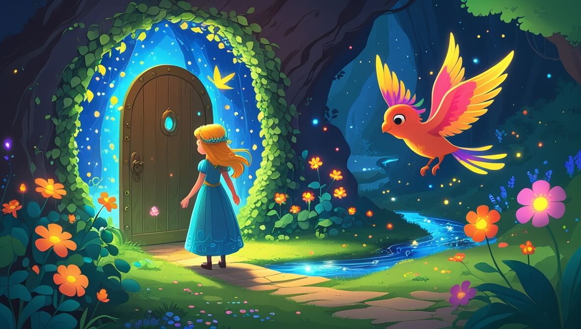 Princess with golden hair at ivy-covered door; colorful bird guides her to a glowing cavern with luminous flowers.