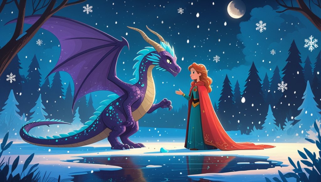 Brave princess and wise dragon confront frost witch by a moonlit frozen lake with hovering snowflakes.