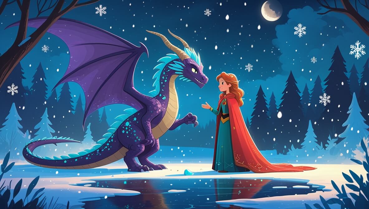 Brave princess and wise dragon confront frost witch by a moonlit frozen lake with hovering snowflakes.