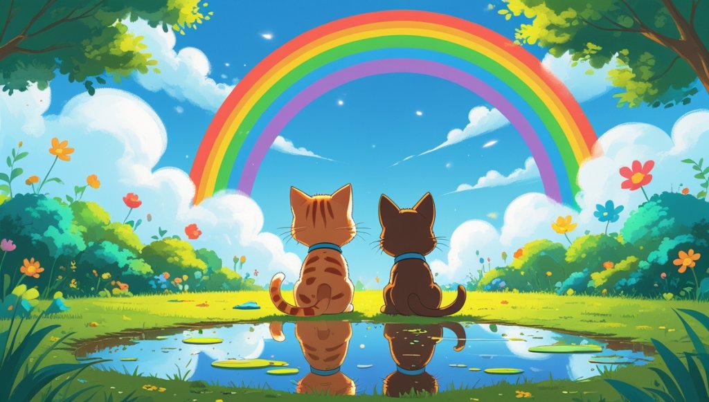 Curious kitten and playful puppy in a colorful garden, looking at a rainbow with sunlight reflecting in puddles.