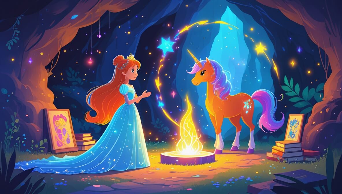 Princess in gown with starry-maned unicorn in glowing cave, surrounded by magic and ancient paintings.