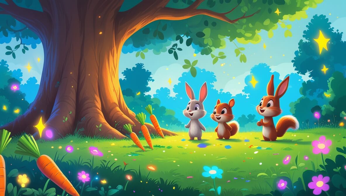 Curious bunny and squirrel in a vibrant forest with glowing rainbow carrots under a giant oak tree.