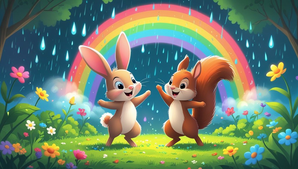 Curious bunny and playful squirrel dance under a vibrant rainbow in a magical garden with bright flowers.