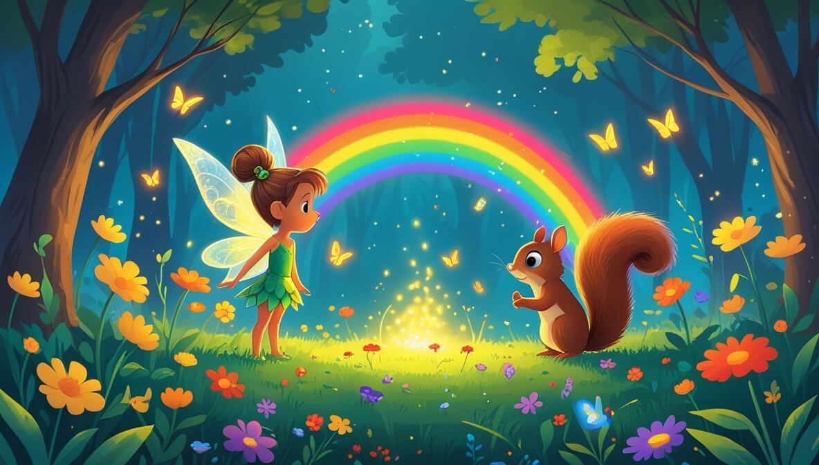 Tiny fairy and curious squirrel at forest edge, gazing at a glowing rainbow over a field of colorful flowers.