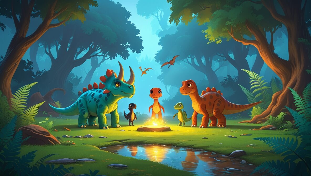 Turquoise Triceratops, Pterodactyl, Brachiosaurus, and Velociraptor near glowing stone in lush prehistoric valley.