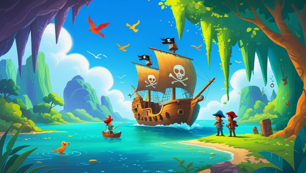 Pirate ship sailing on blue waters towards a lagoon, Captain Finn steering, crew explores a vine-covered cave.