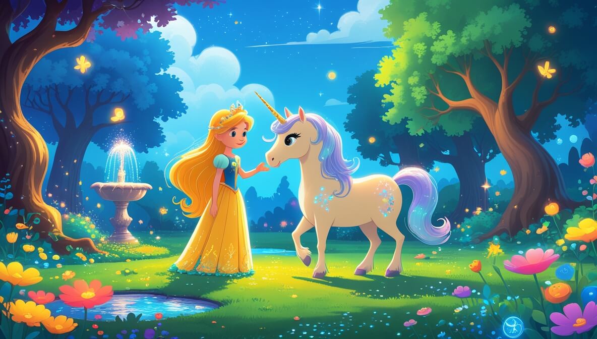 Princess with golden hair and unicorn in a magical garden with luminous flowers and sparkling fountains.