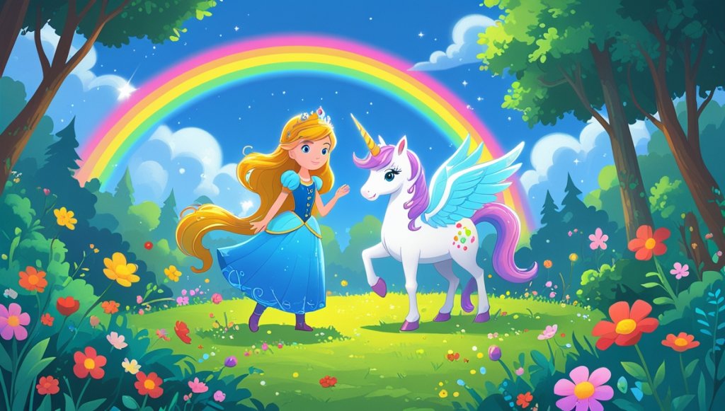 Princess with golden hair and magical unicorn amidst vibrant flowers and a rainbow in an enchanted forest.