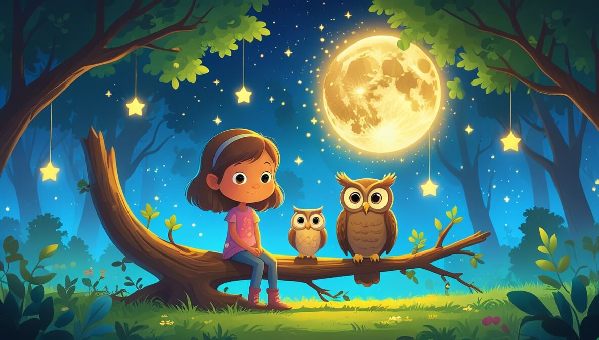 Young girl and wise owl on an oak branch under a starry sky with a glowing moon in a magical forest clearing.