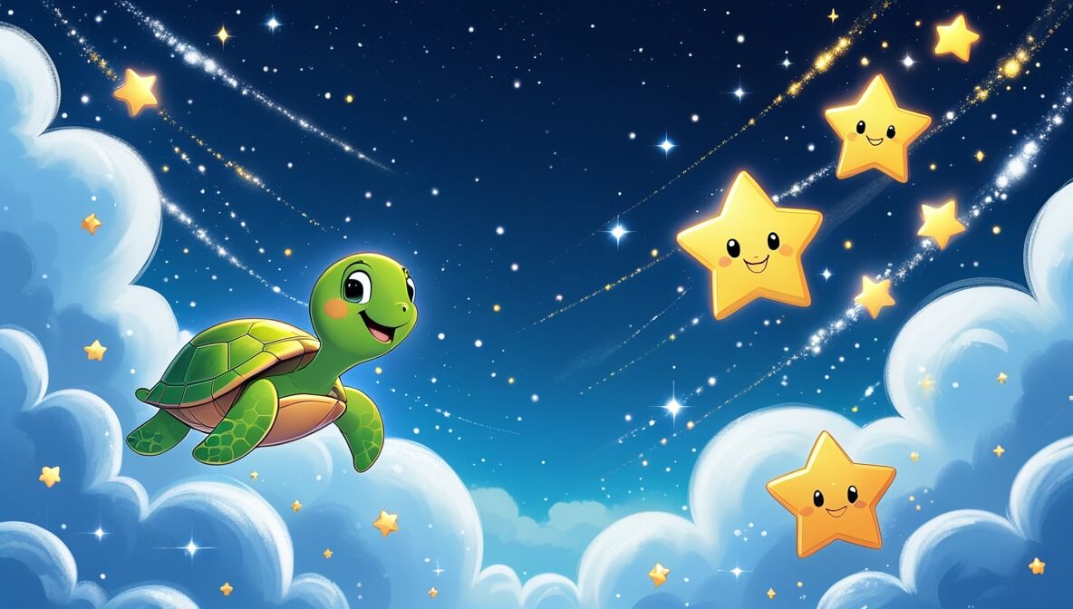 Timmy Turtle floats joyfully with Twinkle Star in a vast starry sky surrounded by Shimmer, Sparkle, and Glimmer.