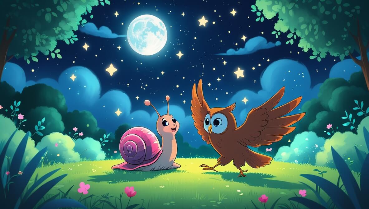 Snail with a pink shell and owl with brown feathers dance under a starry sky and glowing silver moon in a garden.