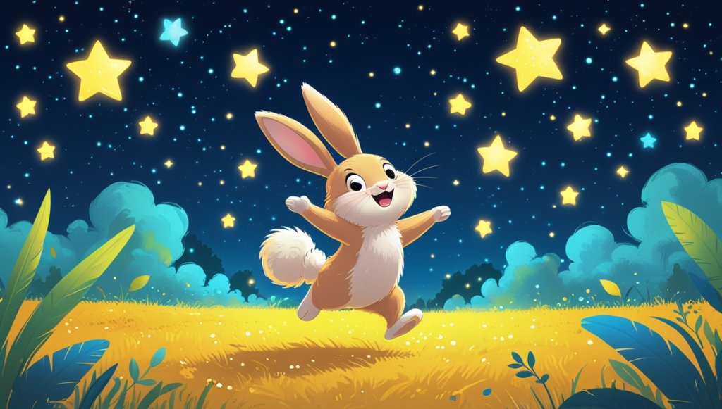 Fluffy bunny dancing in a golden meadow under a starry sky with twinkling yellow, blue, and white stars.