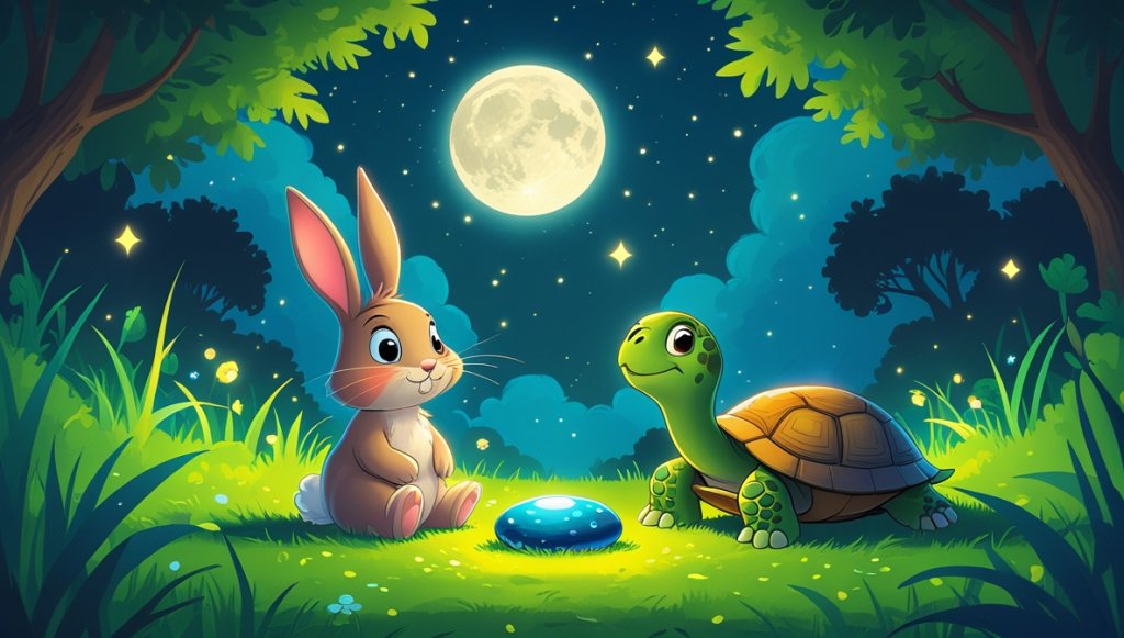 Curious bunny and wise turtle in a moonlit garden, with a shiny pebble and twinkling stars.