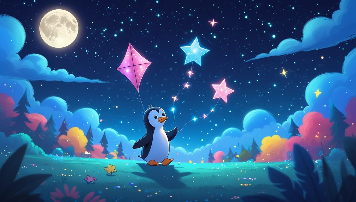 Curious penguin with a shimmering kite, friendly star, and smiling moon under a starry night sky.