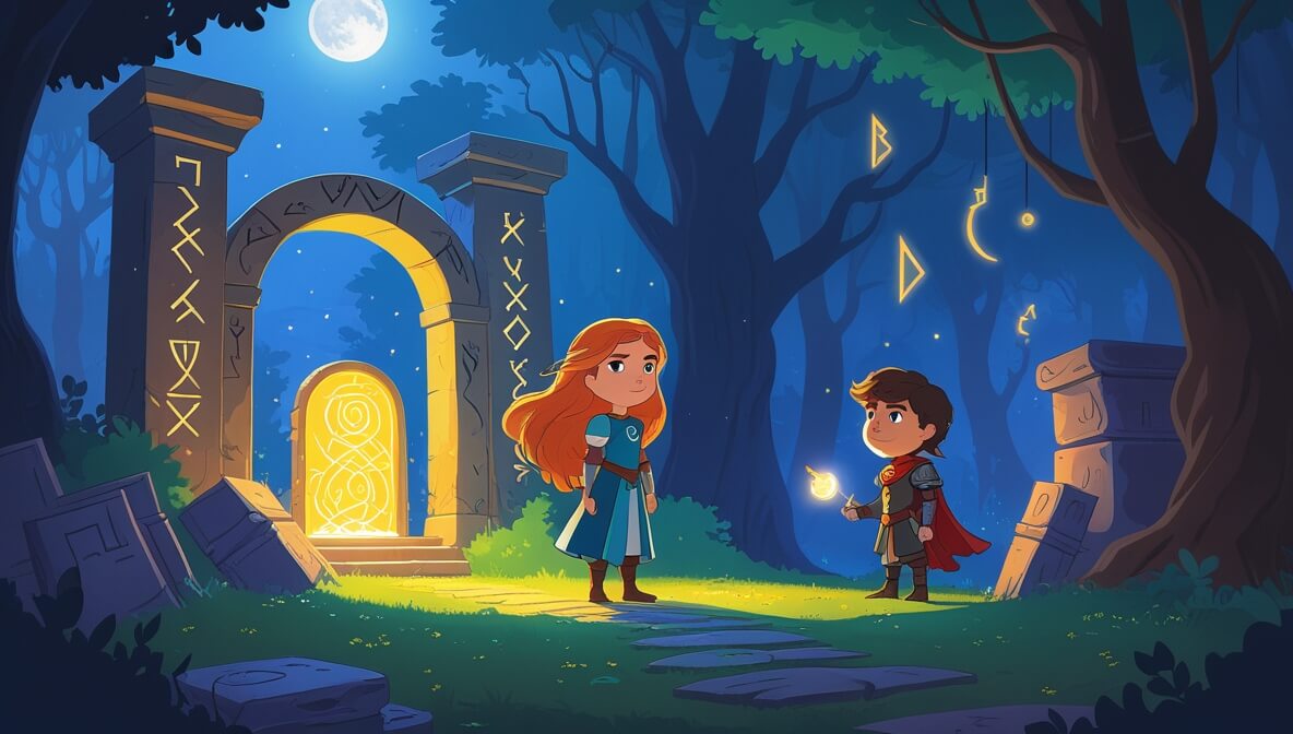Princess Anwen and Sir Bracken stand at a glowing labyrinth entrance under moonlight, with ancient runes lighting the path.