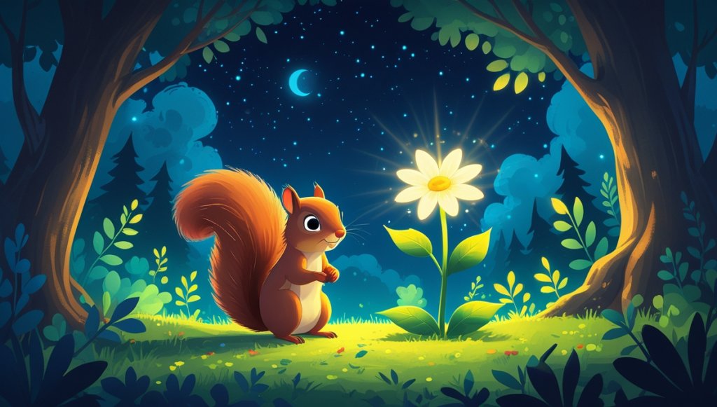 Curious squirrel beside a glowing flower in a moonlit forest, under a starry sky.