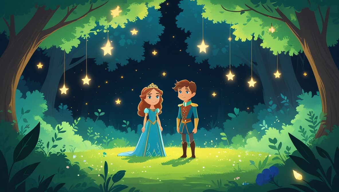 Princess and prince in a glowing forest glade under starlit sky, with a mysterious figure watching from the shadows.