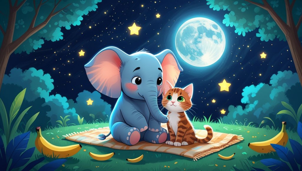Elephant cuddling kitten in a moonlit garden with twinkling stars, cozy blanket, and bananas nearby.