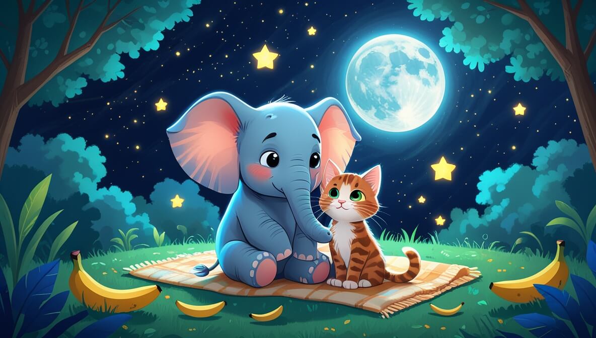 Elephant cuddling kitten in a moonlit garden with twinkling stars, cozy blanket, and bananas nearby.