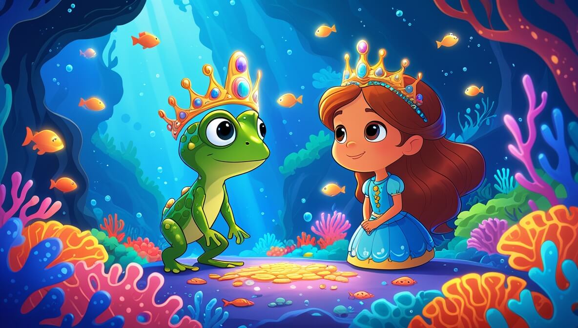 Princess Amara and Finnian the frog beside the radiant Starfish Guardian in a glowing underwater coral garden.