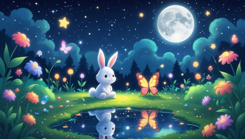 Fluffy white bunny and colorful butterfly by a shimmering pond under a starry sky with a glowing moon.
