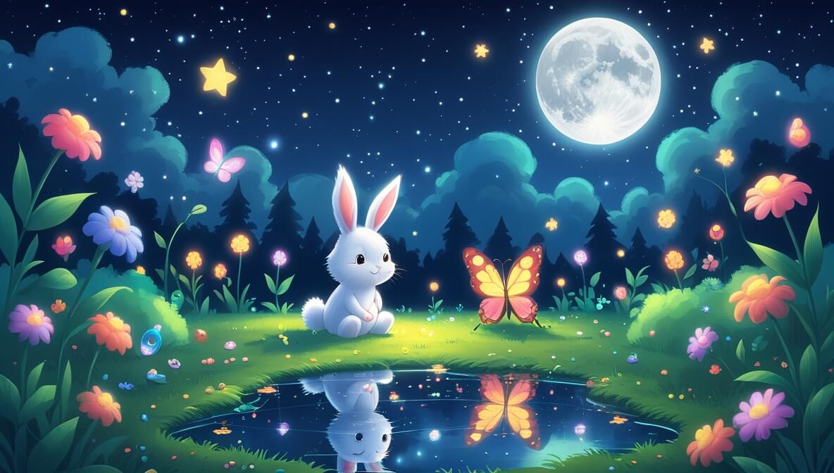 Fluffy white bunny and colorful butterfly by a shimmering pond under a starry sky with a glowing moon.