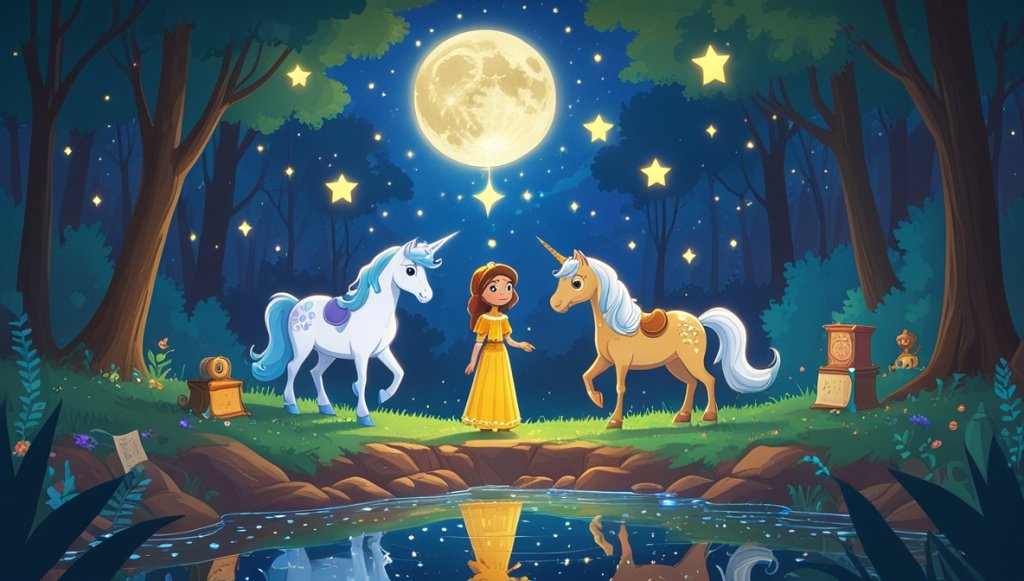 Princess Marigold and a unicorn beside a shimmering river under a starlit forest canopy.