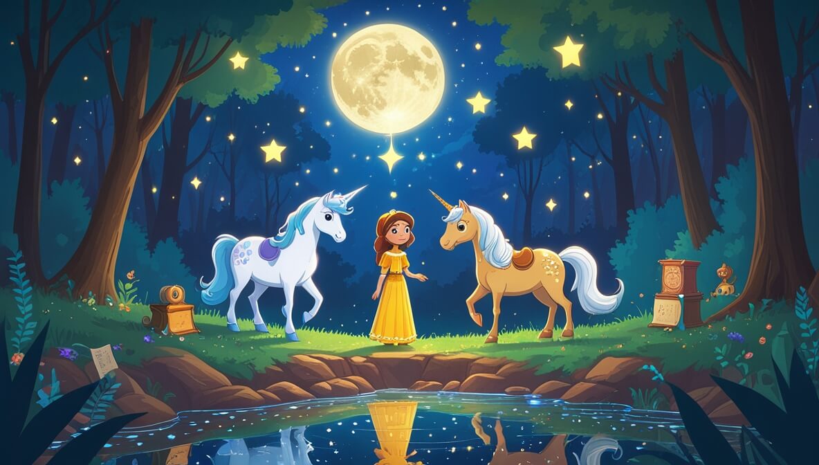 Princess Marigold and a unicorn beside a shimmering river under a starlit forest canopy.
