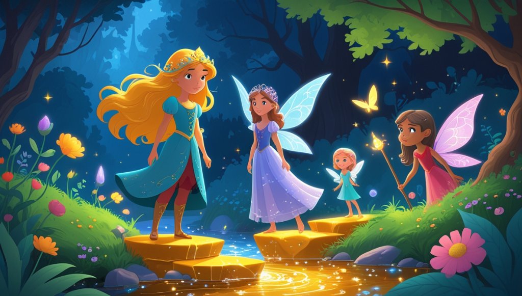 Princess with golden hair on glowing stones, fairy with sparkling wings, and sorceress in an enchanted garden.