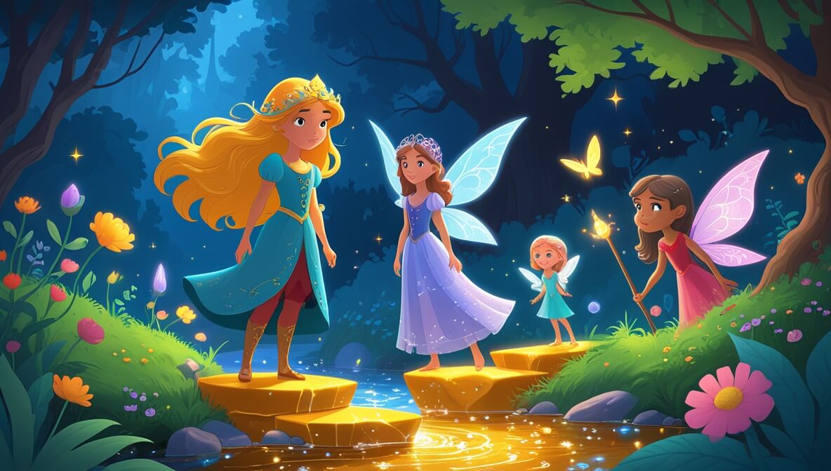 Princess with golden hair on glowing stones, fairy with sparkling wings, and sorceress in an enchanted garden.