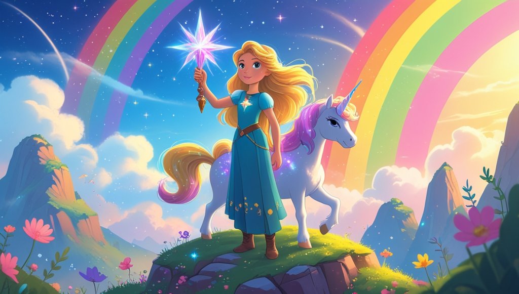 Princess Talia with golden hair holds a crystal beside her unicorn at dawn on Starfall Mountain, rainbows in the sky.