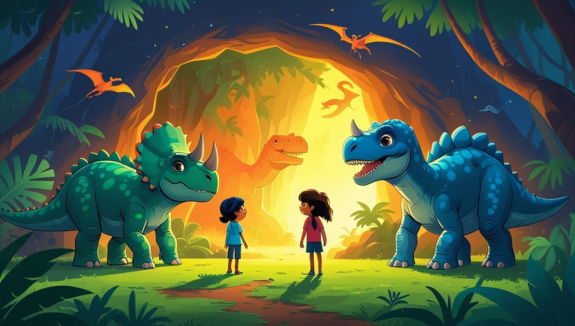 Tavish and Liora, two dinosaurs, at a glowing cave entrance with ancient paintings, Pip the Pterodactyl above.