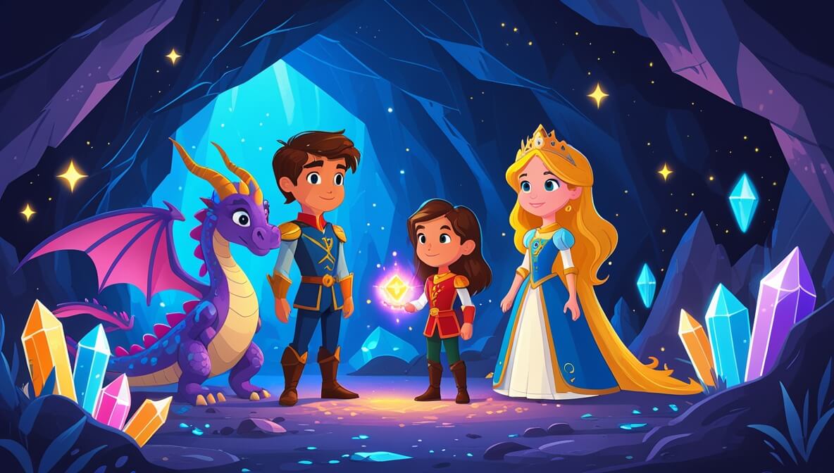 Princess with golden hair in a crystal cave, holding a glowing gem, beside Prince and a friendly dragon.