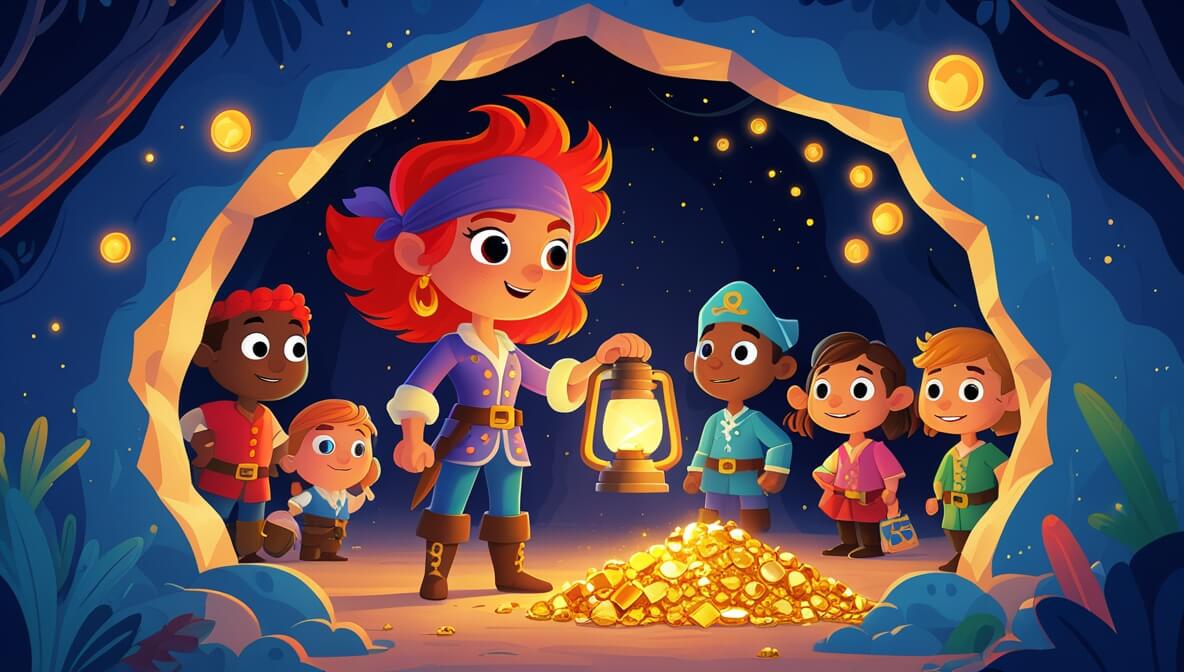 Red-haired pirate captain at shimmering cave entrance, holding lantern, with diverse crew admiring glittering treasure.