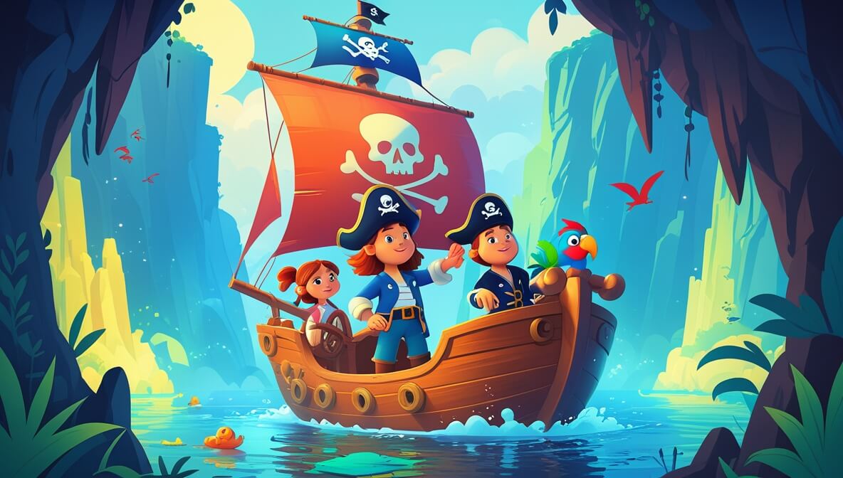Captain Fern at ship's helm with Tilda, Cookie the Parrot, and Benny; Lagoon of Echoes and cliffs in the background.