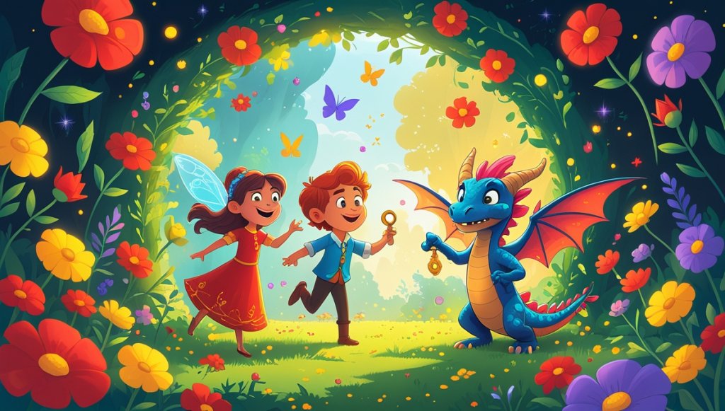 Princess Marigold and friends in a colorful garden with flowers, a dragon holding a shiny key, and sunlight dancing.