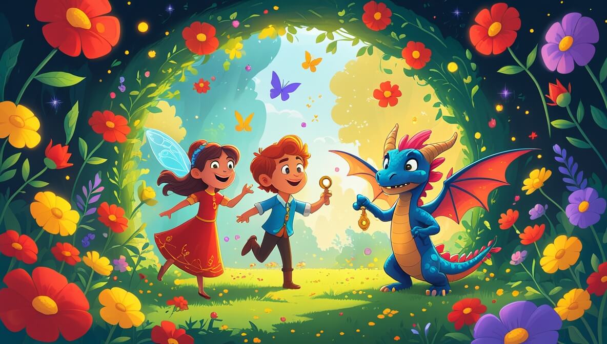 Princess Marigold and friends in a colorful garden with flowers, a dragon holding a shiny key, and sunlight dancing.