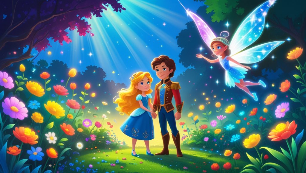 Princess Liora and Prince Tavian in a vibrant garden with glowing flowers and a shimmering fairy nearby.