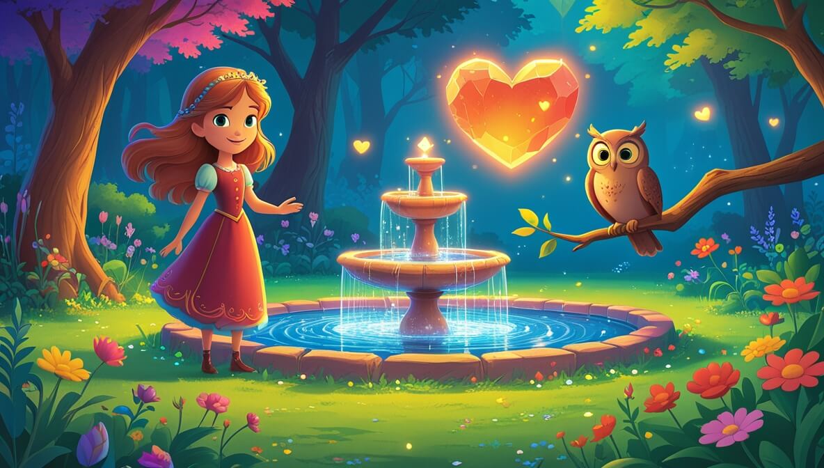 Princess Aveline with Orin the Owl by a fountain, vibrant garden, glowing heart-shaped stone above.