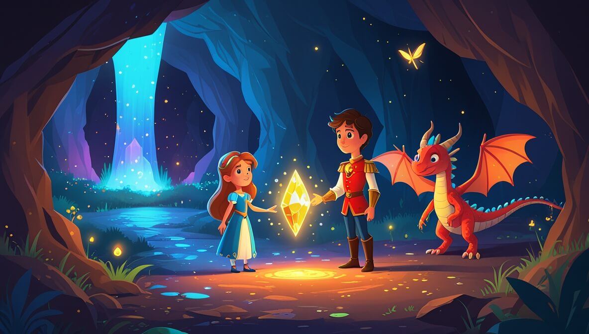 Princess, prince, and fairy in a cave with a glowing gem, colorful reflections, and a gentle dragon watching.