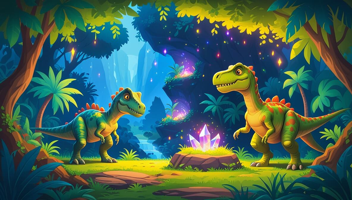 Velociraptor and Triceratops near glowing stone in a jungle, revealing a hidden valley with nests and crystals.