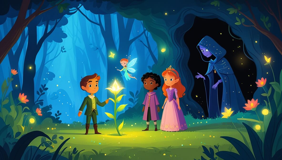 Princess with glowing lily in enchanted forest, knight beside her, fairy fluttering, witch in cave with swirling mist.