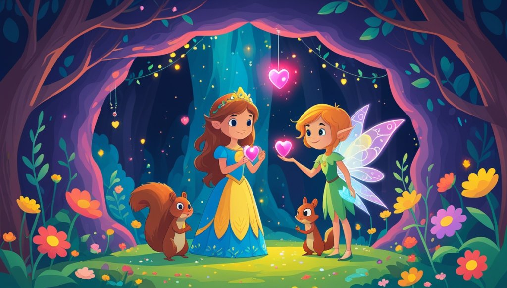 Princess with Heart Gem in a vibrant grotto, squirrel and fairy beside her, surrounded by colorful flowers.