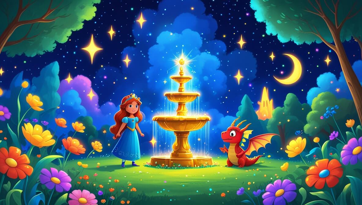 Rainbow garden with a golden fountain, brave princess, small shimmering dragon, and sparkling stars in a deep blue sky.