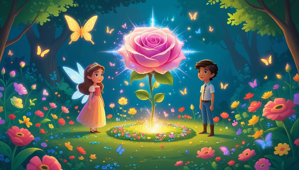 Princess and prince in a colorful garden with glowing butterflies, an Enchanted Rose, and a friendly fairy nearby.