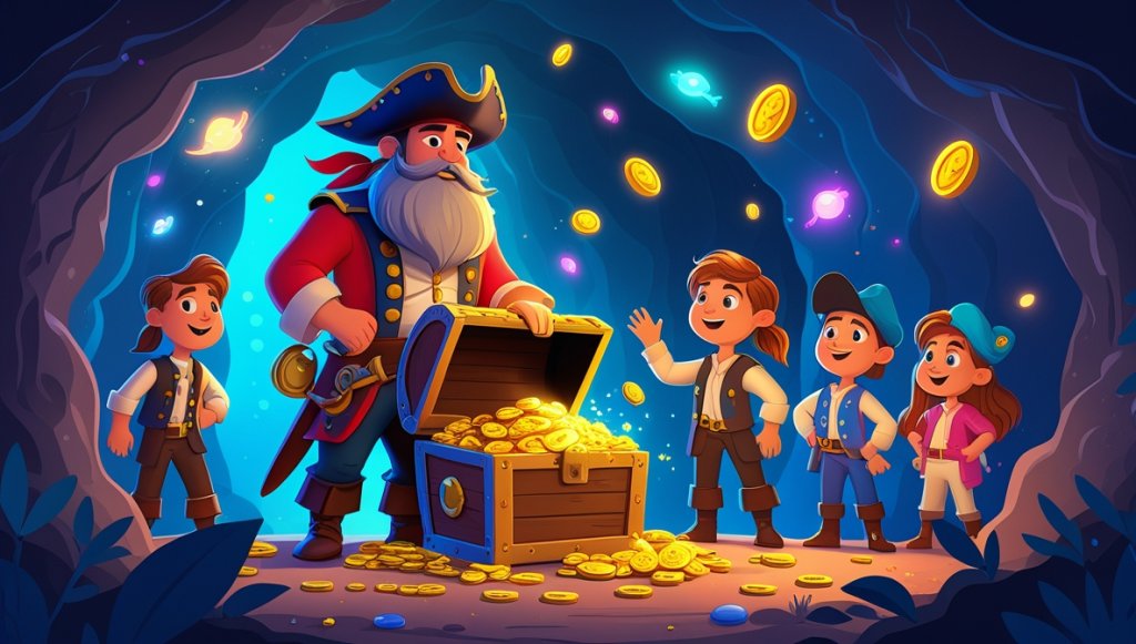 Pirate with a flowing beard in a cave, holding a treasure chest with sparkling gold coins and jewels, crew nearby.