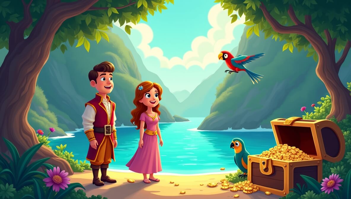 Princess and pirate at a sparkling lagoon with treasure chest, colorful parrot, and vibrant flowers.