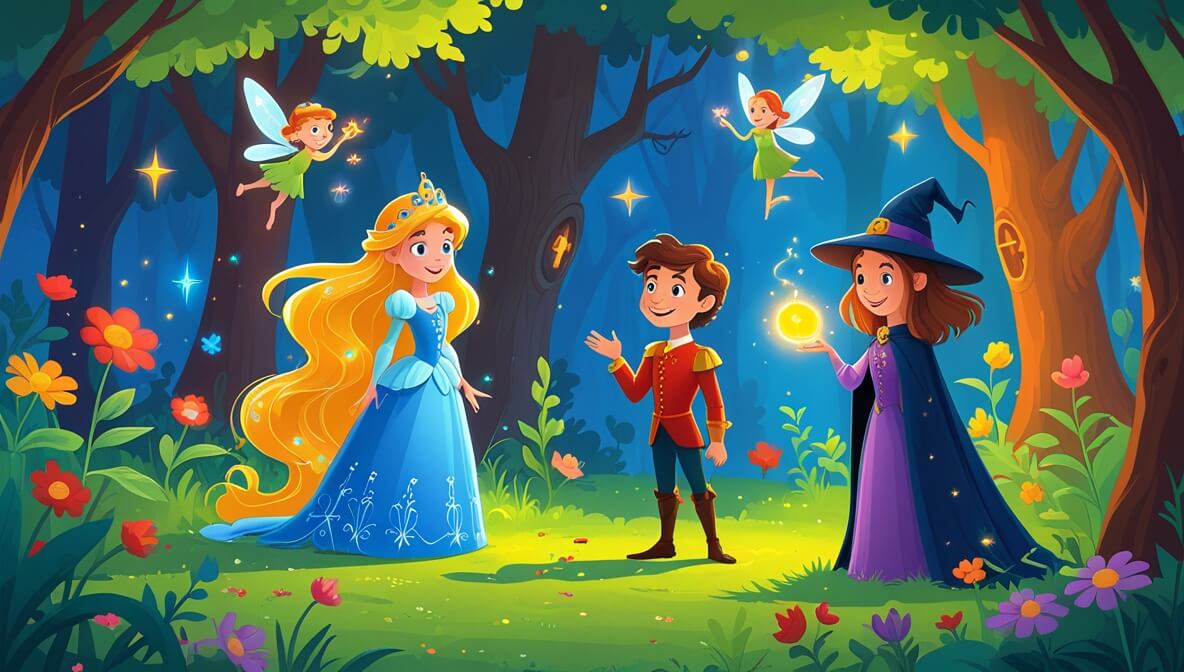 Princess with golden hair, clever prince, and cheerful fairy in an enchanted forest, surrounded by vibrant flowers.