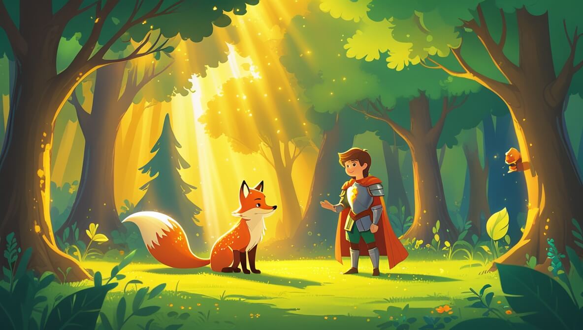 Enchanted fox in golden forest clearing with Princess Amara and Sir Rowan, surrounded by lush green trees.