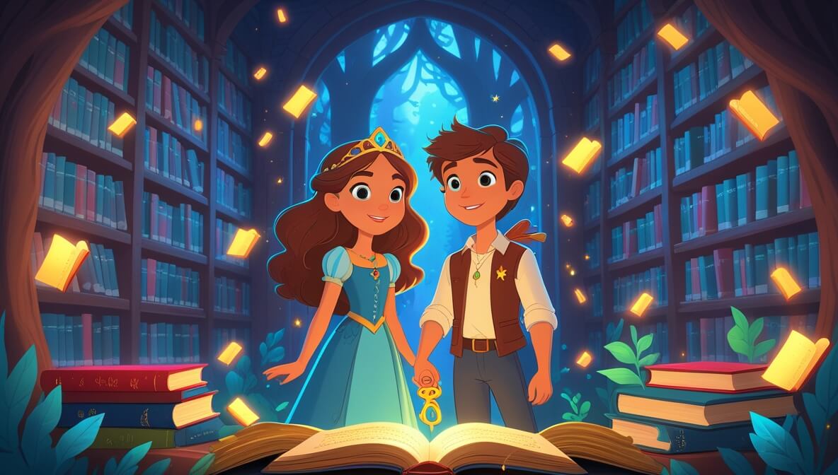 Princess Seraphina and Finn in a mystical library with floating glowing books and a shimmering golden key.